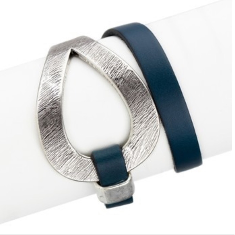 SAACHI Leather Wrap Cuff Bracelet Navy Blue Silver - Picture 2 of 8